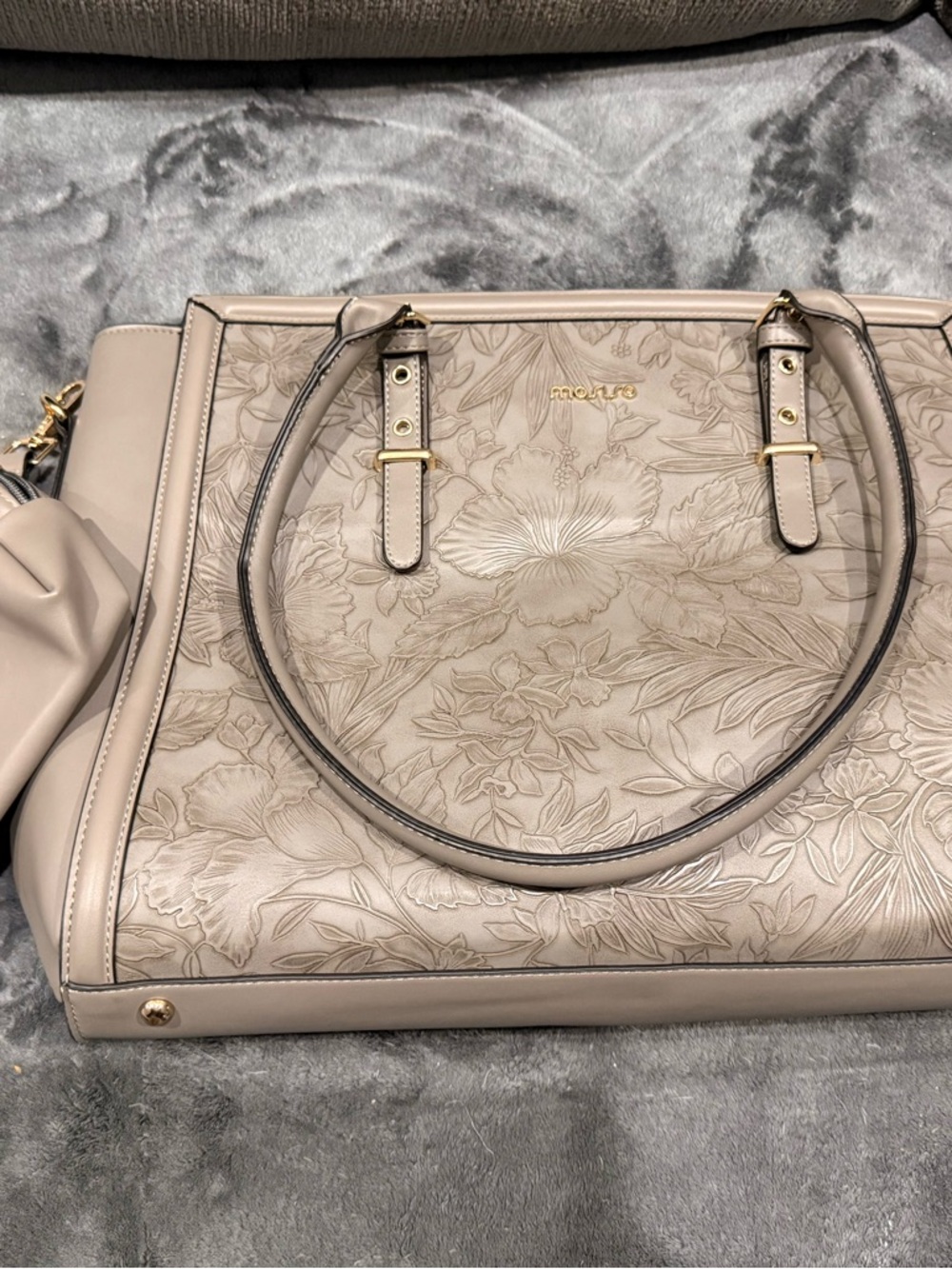 Floral Embossed Tote Bag in Light Beige